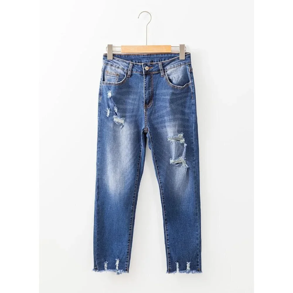 Women's High Waisted Ripped Stretch Jeans Ankle Straight Casual